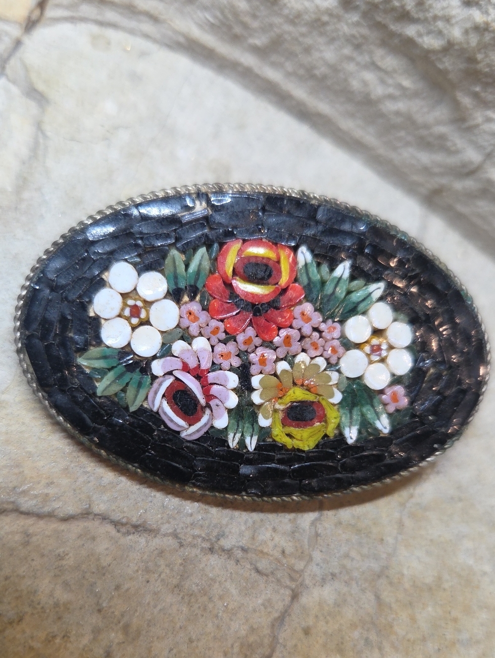 Vintage Floral Micro Mosaic Signed Made In Italy Brooch with Silver Accents